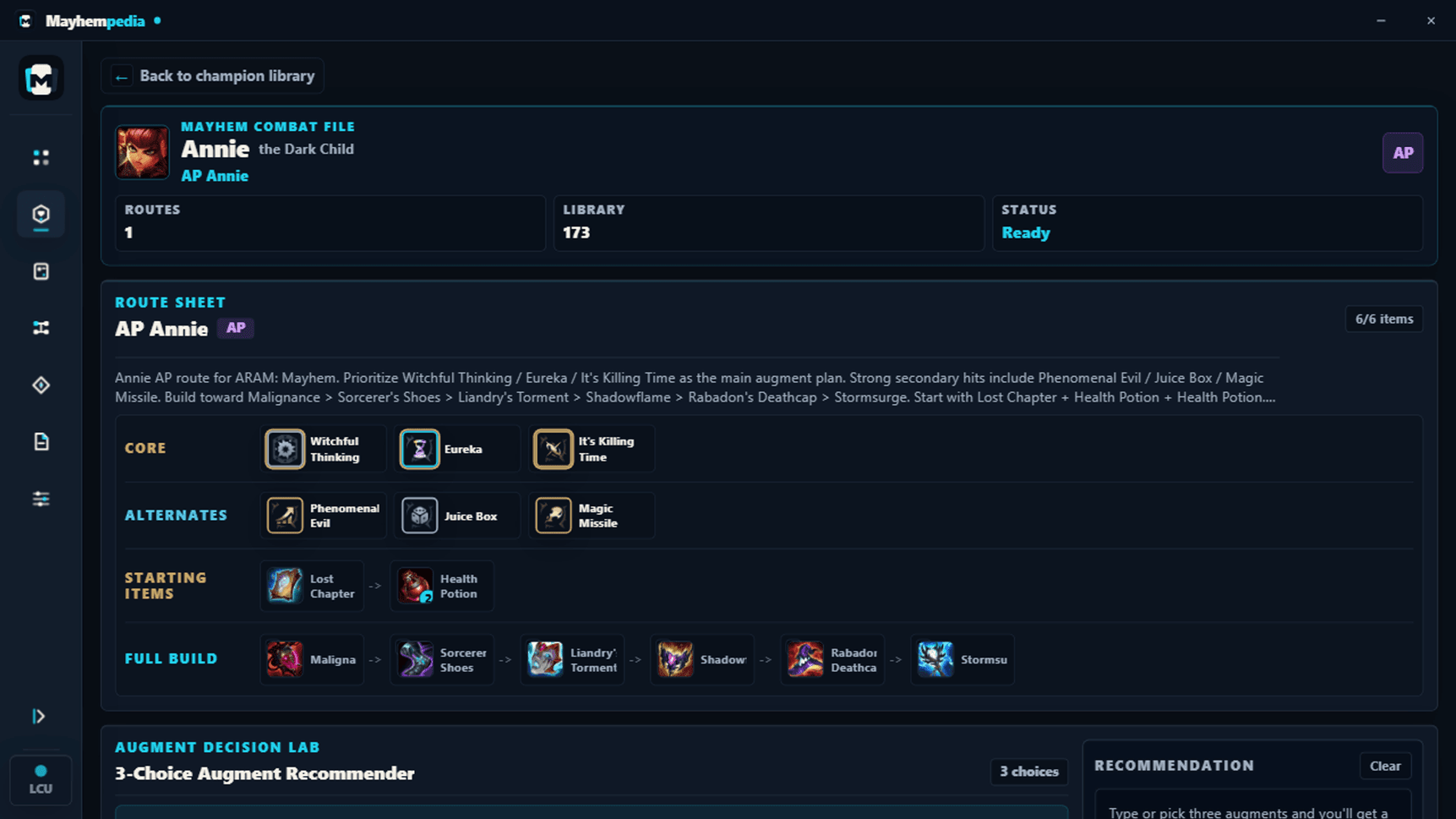 Mayhempedia Combat File showing a champion route, augment priorities, starter items, and six item build
