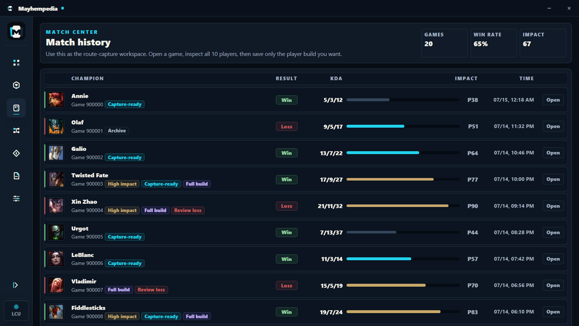 Mayhempedia match history showing player augments, builds, damage, and save controls